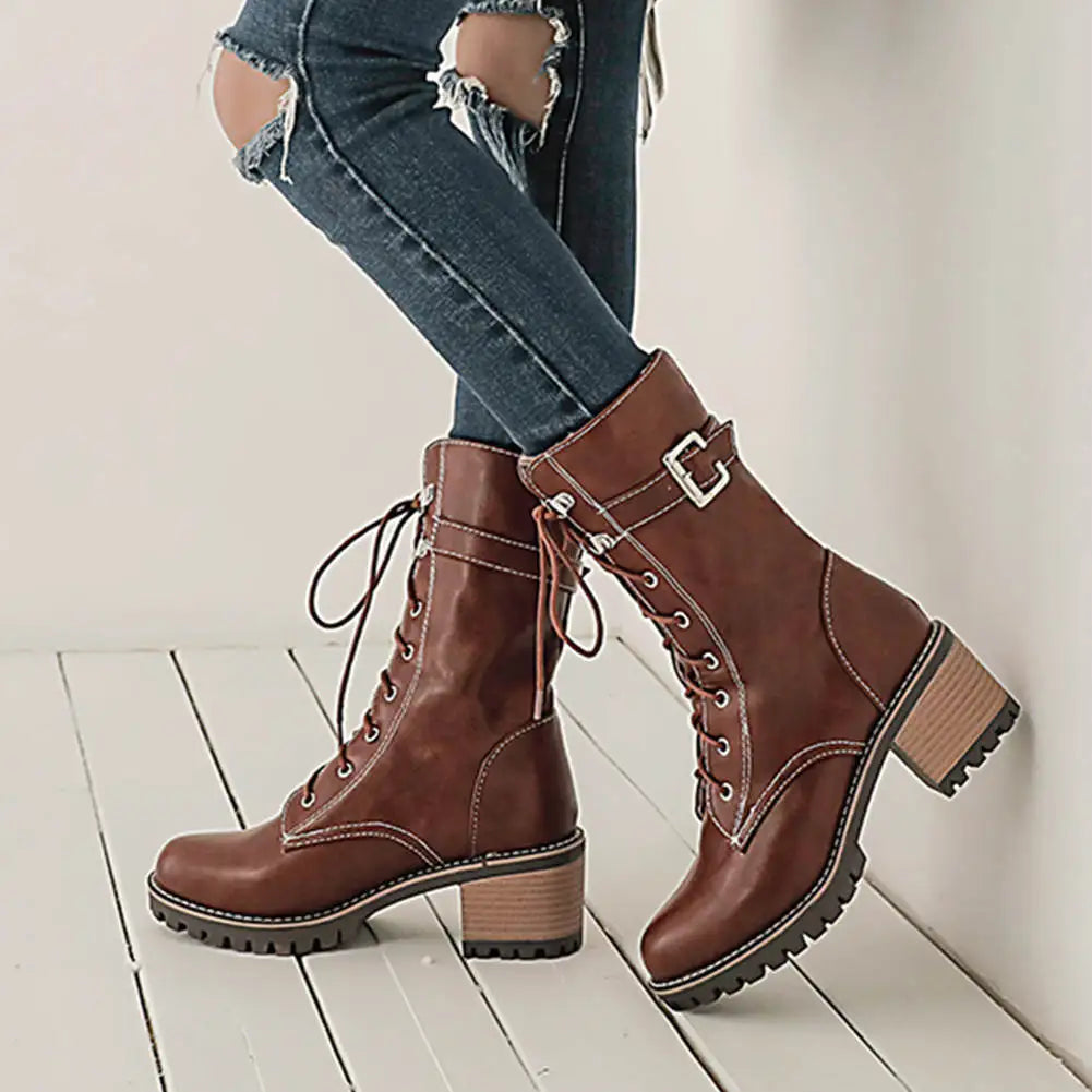 HUAJUANER 2023 Big Size 45 Autumn Winter Shoes High Quality Leather Boots Women Fashion non-slip Shoelaces Motorcycles Boots