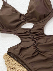 Sexy Backless One-Piece — Solid, Pleated, Hollow-Out Design. High-Leg Cut, Padded for Comfort.
