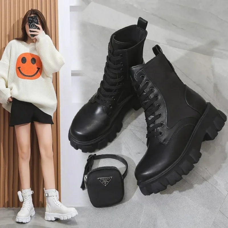 Women's Boots New in Motorcycle Ankle Boots Wedges Female Lace Up Platform Shoes White Black Leather Oxford Shoes Women Boots