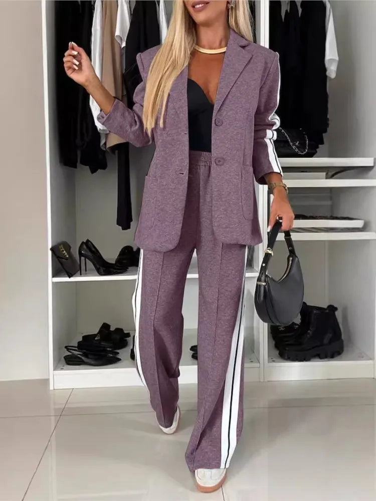 2024 Autumn And Winter Women Blazer Coat Suit Fashion Long Sleeves Pimp Stitching Pants Pocket Female Office Casual 2 Piece Set