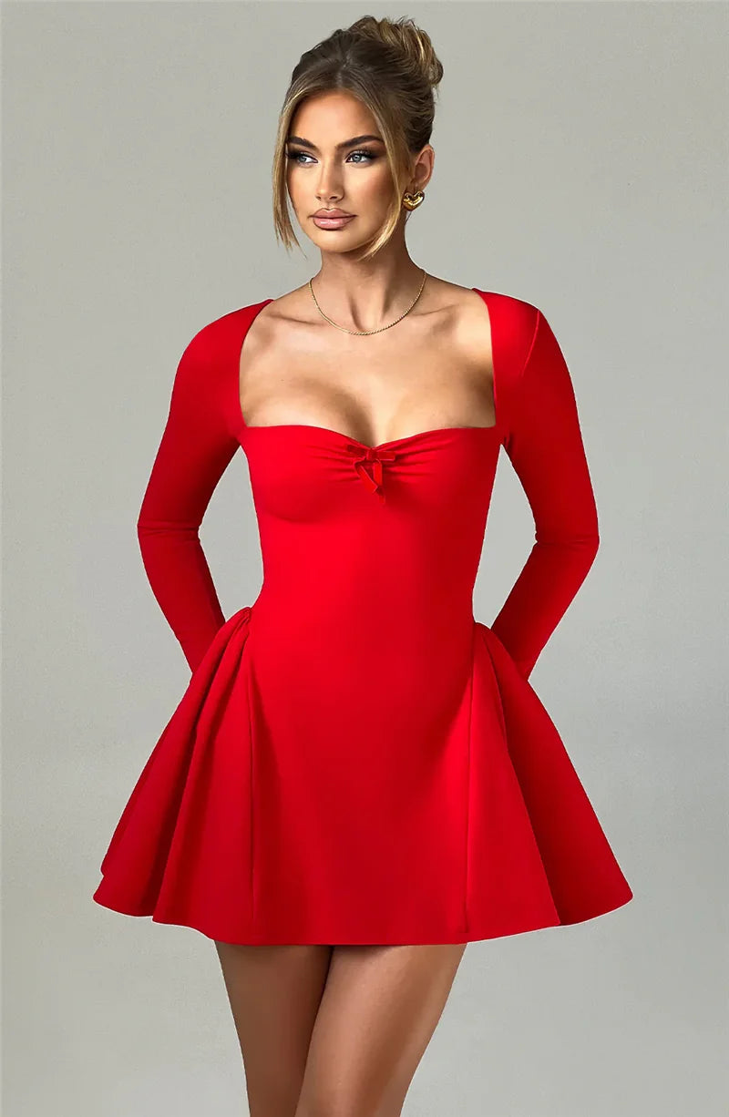 Mozision Long Sleeve A-line Sexy Mini Dress For Women Robe Autumn Fall Bow Square Collar Pleated Dress Elegant Dresses