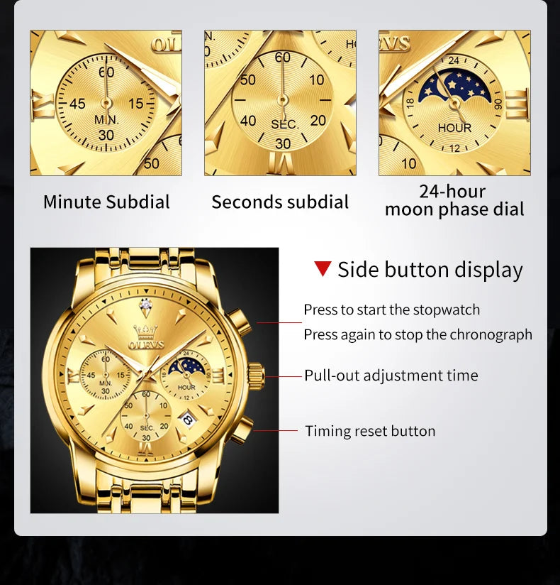 OLEVS 3639 Moon Phase Quartz Watch For Men Fashion Chronograph Luxury Wristwatch Waterproof Luminous Date Business Man Watches
