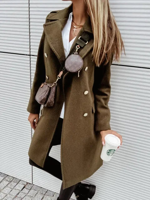 Women’s Double-Breasted Wool Coat – Midi length, V-neck, elegant and fashionable.
