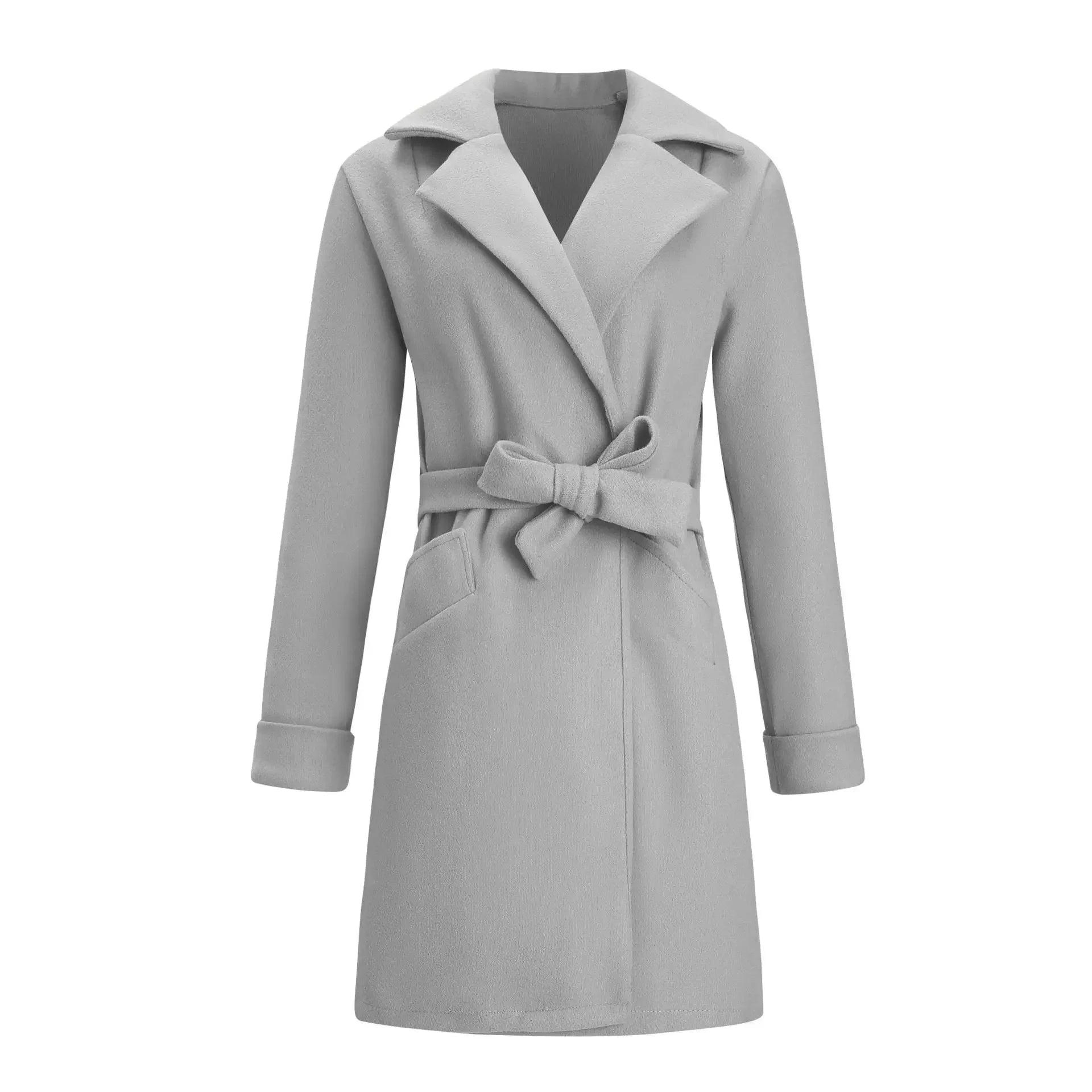 Women's S-2XL Size New Fashion Slim Fit Waist Belt Flip Collar Woolen Coat trench coat  trench coat for women