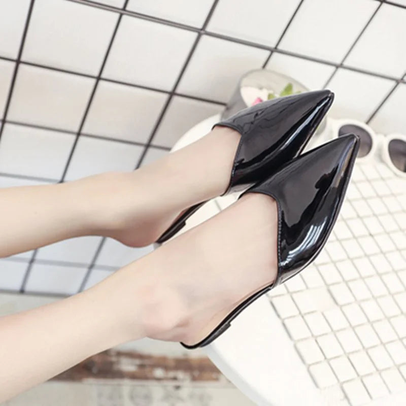 Women’s Patent Leather Sewing Slippers – Flat Heels, Pointed Toe, Closed Design, Suitable for Wide & Narrow Feet
