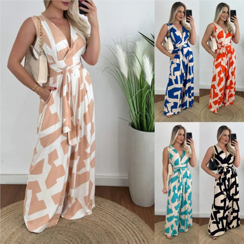Women's fashionable and minimalist style women's deep V-waist tied jumpsuit -88209 sleeveless mid waist straight leg pants 2024