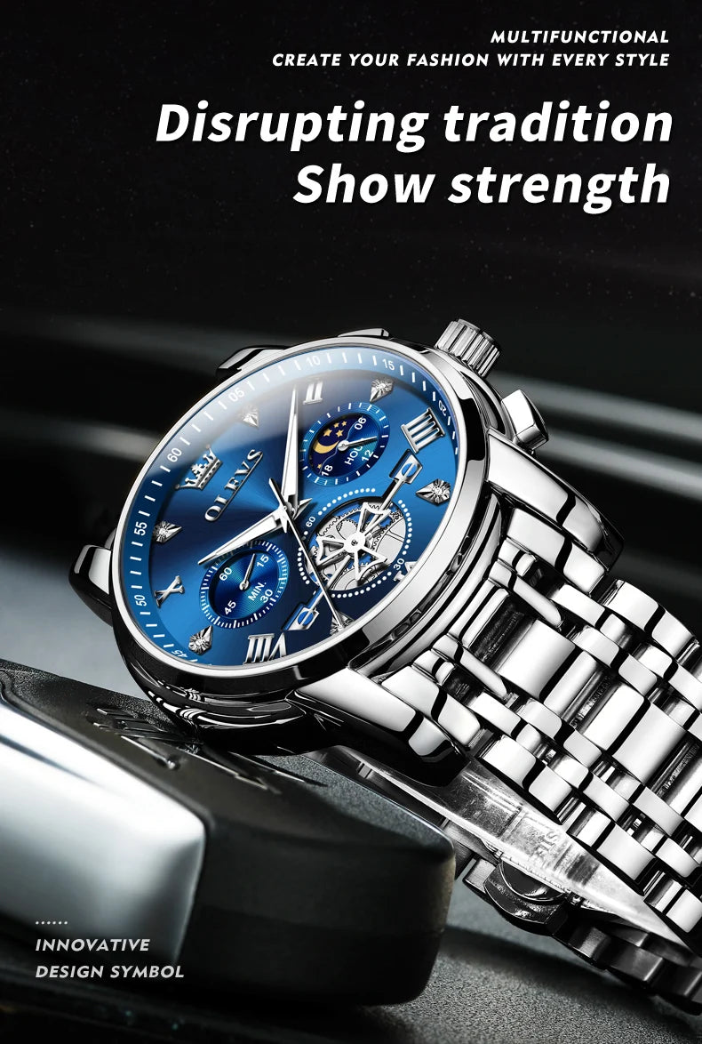 OLEVS 2856 Original Quartz Dress Watch For Men Moon Phase Stainless Steel Business Wristwatch Waterproof Luminous Man Watches