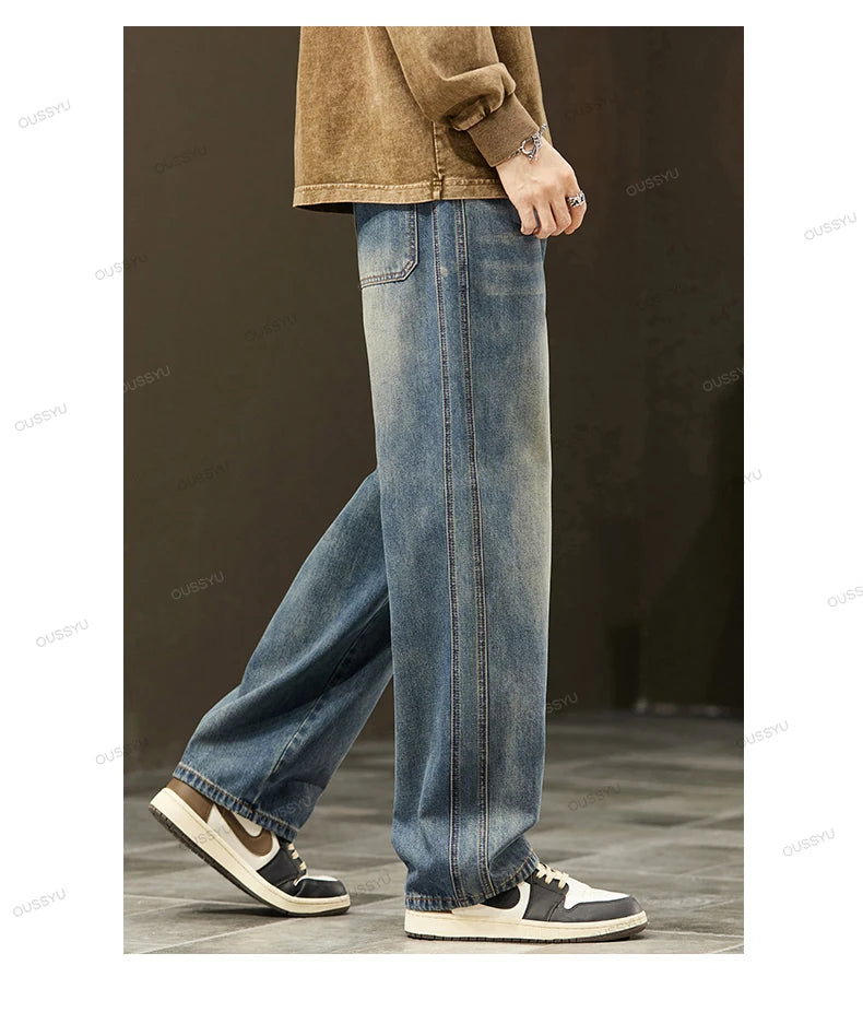 Winter Fleece Warm High Quality Cotton Jeans Men Loose Wide Leg Pants Elastic Waist Korean Velvet Flocking Outdoors Trousers