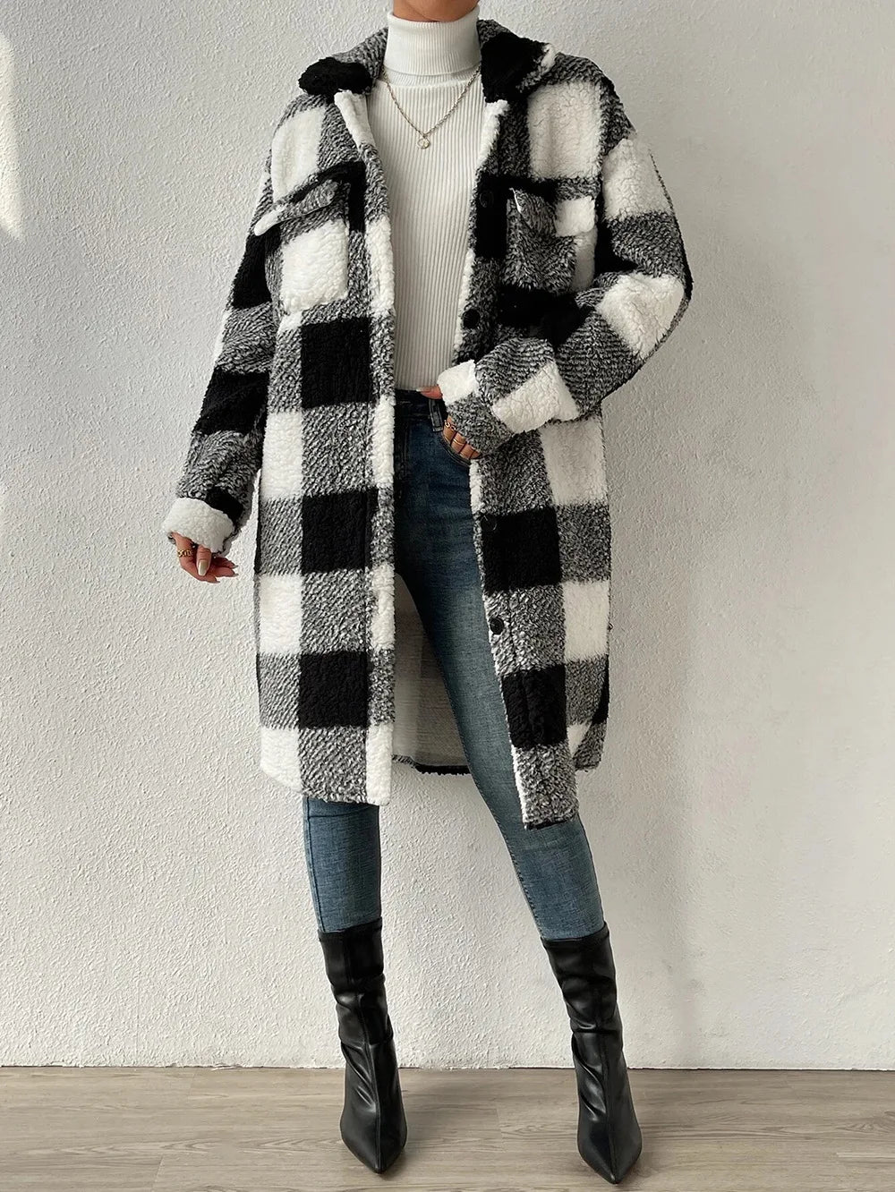 Long Plaid Fleece Coat with Pockets – Autumn & Winter