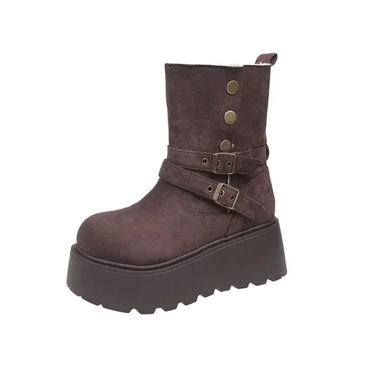 Women’s Winter Boots – Thick sole, ultra high heel, fleece-lined, mid-calf, round toe.