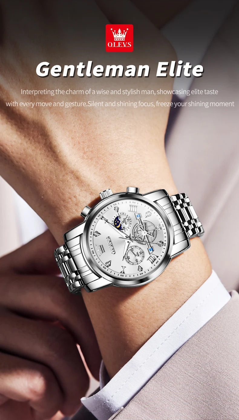 OLEVS 2856 Original Quartz Dress Watch For Men Moon Phase Stainless Steel Business Wristwatch Waterproof Luminous Man Watches