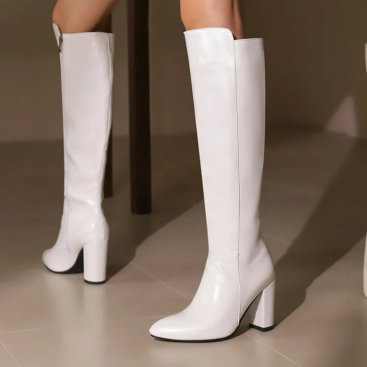 Sexy Women Knee High Boots Pointy Toe Chunky Heels 9CM Boot Large Size 44 45 46 With Zipper Winter Outdoors Leather Female Shoes