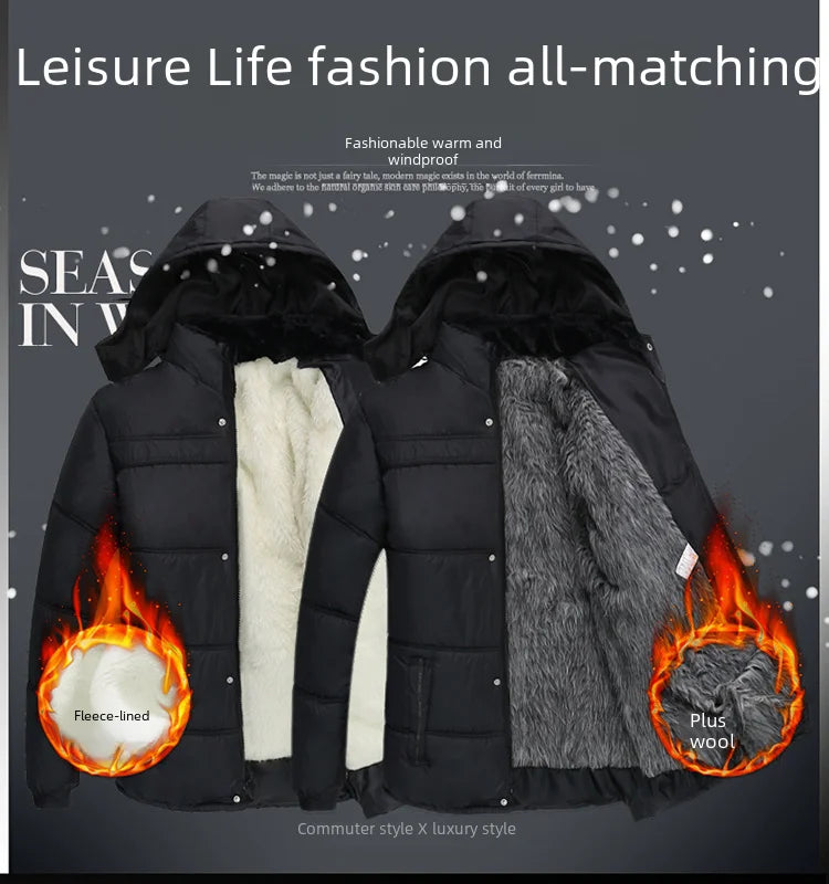 Thickened cotton padded men’s jacket, warm and medium-length.