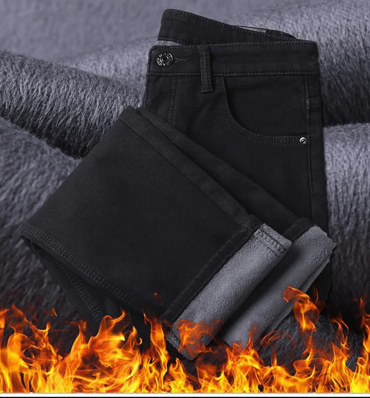 Winter Pure Black Fleece Thick Warm Jeans Men's Slim Straight Elastic Denim Pants Casual Male Clothing Fashion Plush Trousers