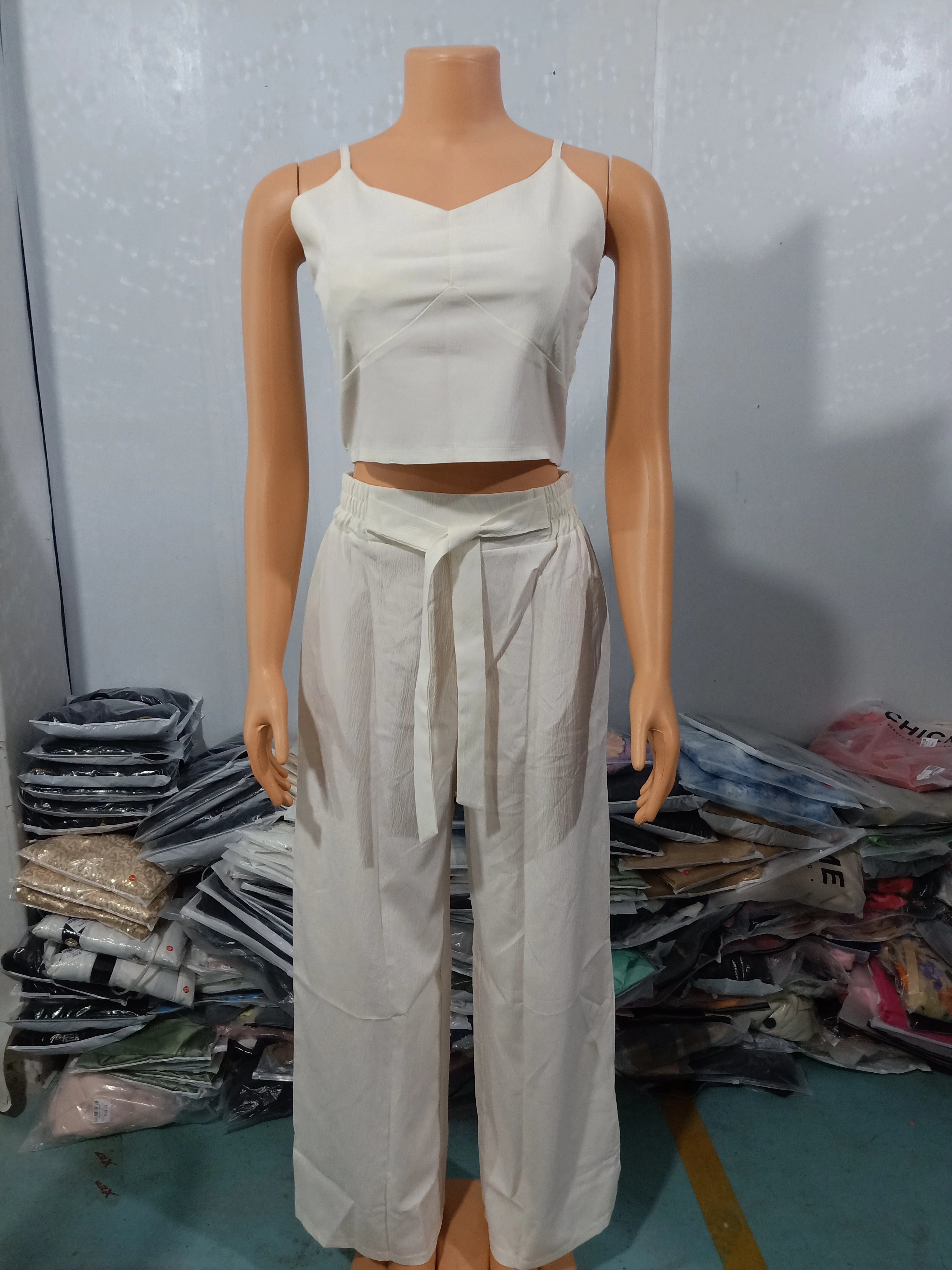 Tow Piceses Outfits for Women 2023 V-Neck Sleeveless Shirred Crop Top & Pocket Design Elegant Work Lady Wide Leg Pants Set