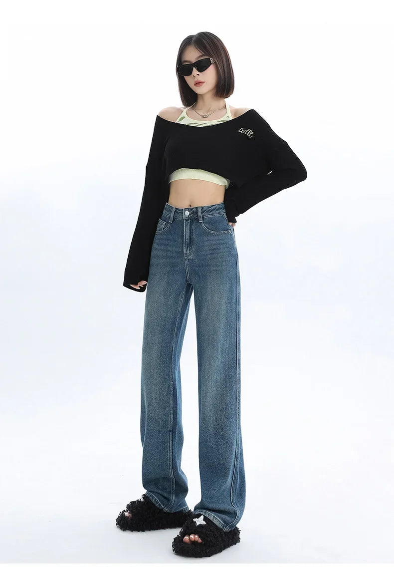 High-waisted Thickened Loose-fit Fleece-lined Straight-leg Jeans For Women Petite Size Warm Light-colored Long Trousers