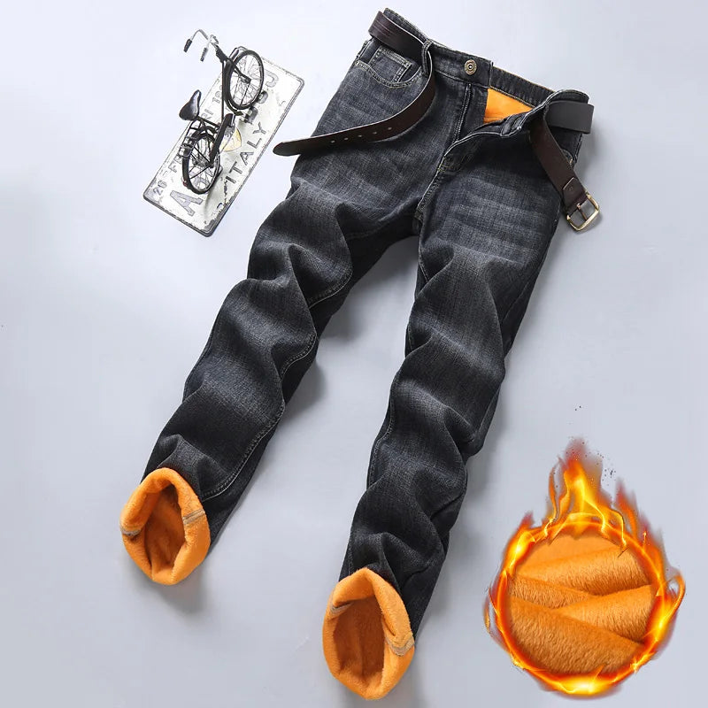 2024 Mens Winter Classic Business Quality Famous Brand Fleece Pants Straight Trousers Winter Thermal Warm Plush Stretch Jeans