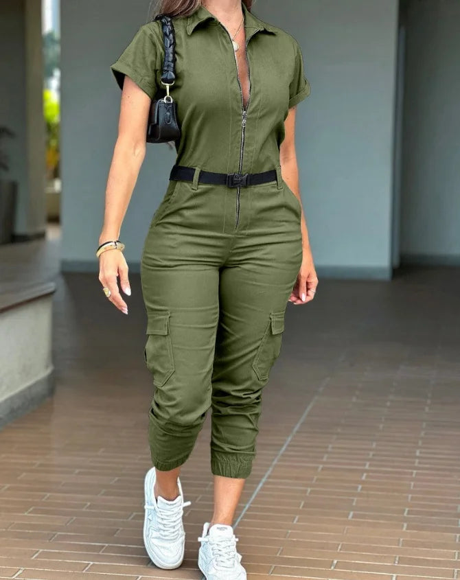 Elegant 2025 women’s jumpsuit – casual, solid color, short sleeve, high waist.