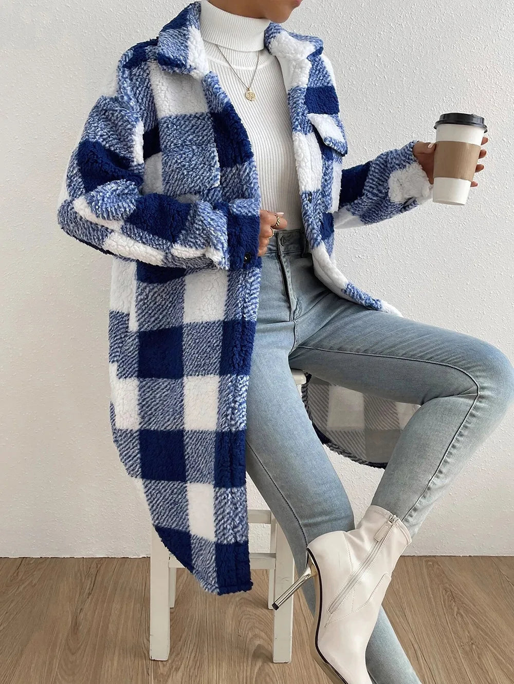 Long Plaid Fleece Coat with Pockets – Autumn & Winter