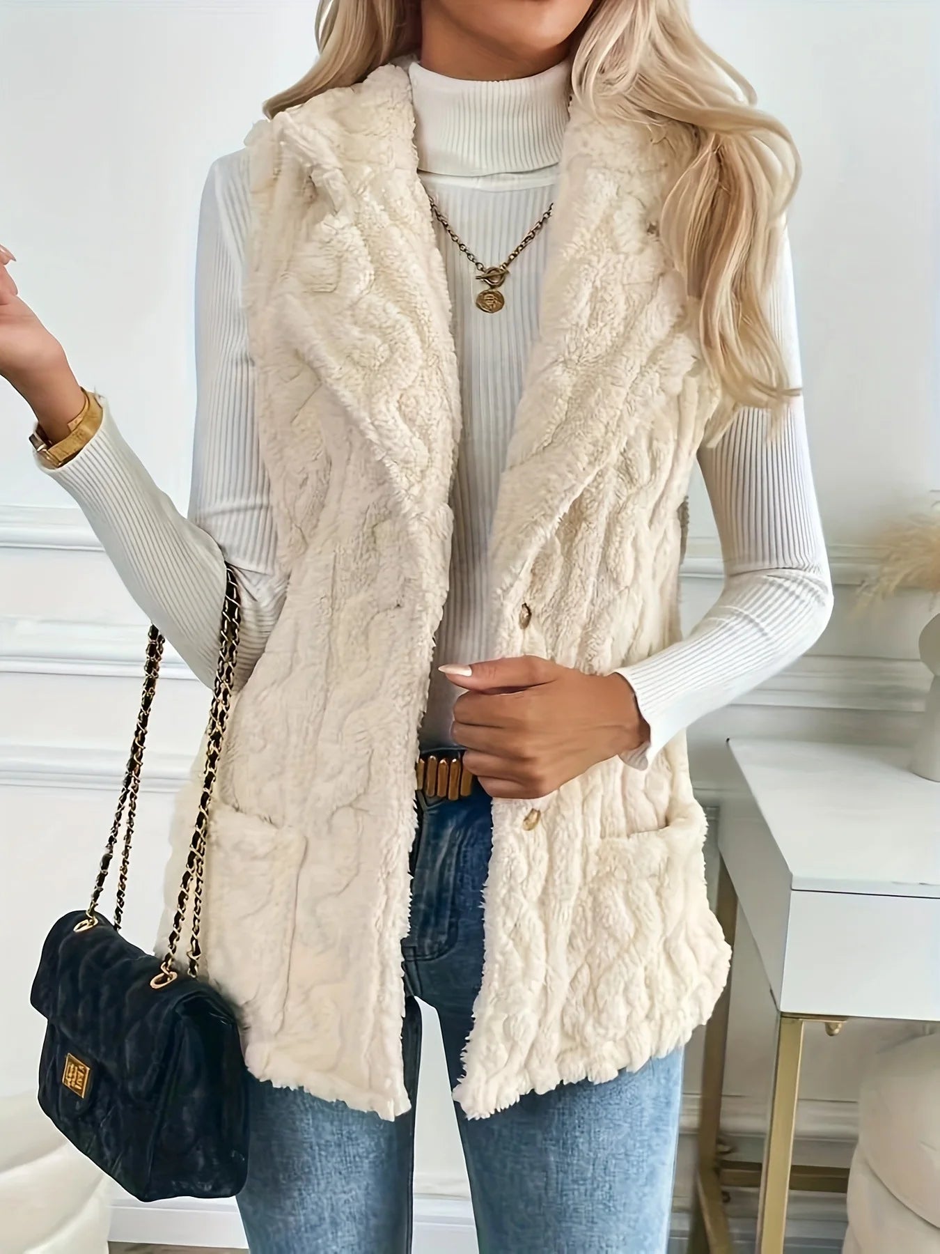 Sleeveless Plush Single-Breasted Vest – Autumn & Winter