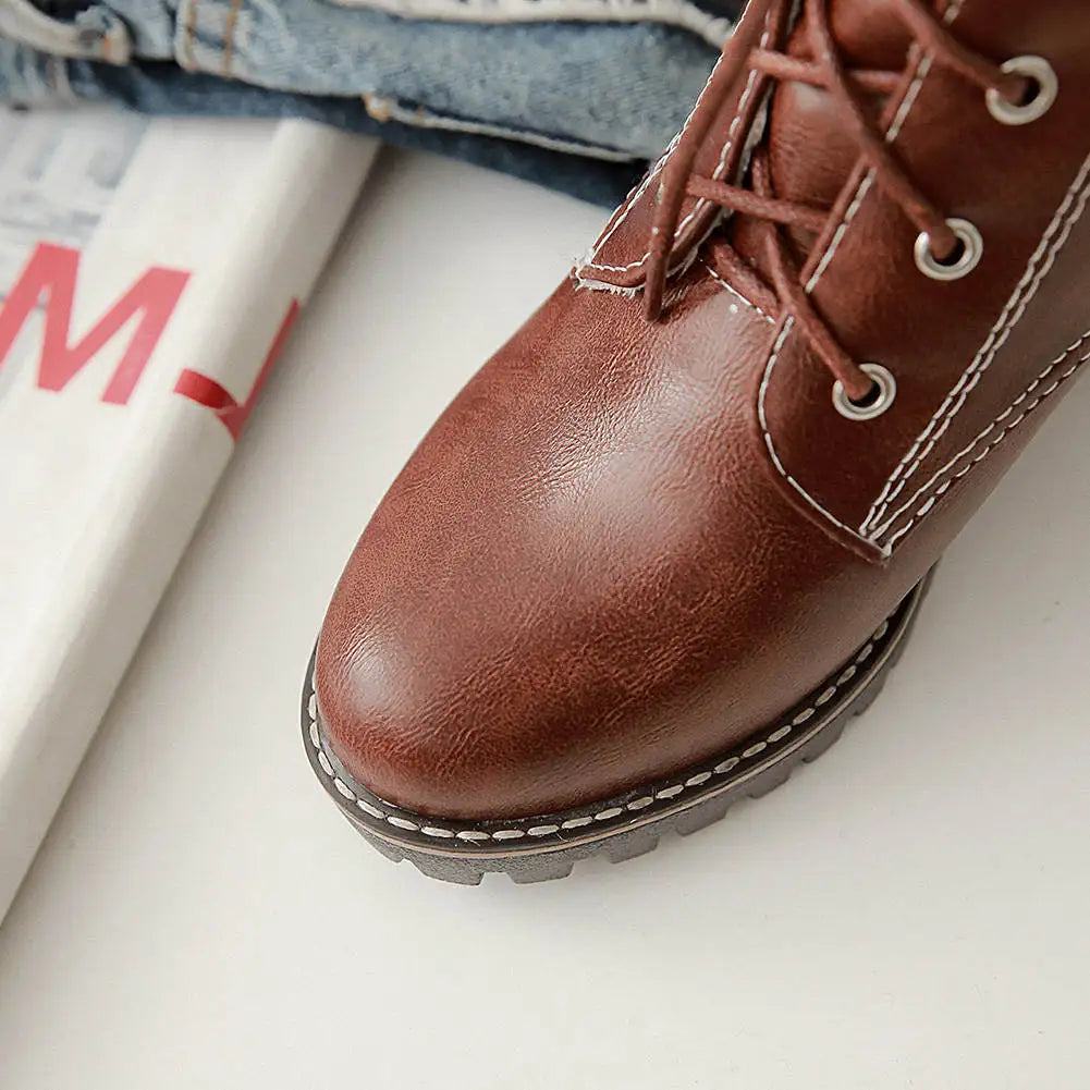 HUAJUANER 2023 Big Size 45 Autumn Winter Shoes High Quality Leather Boots Women Fashion non-slip Shoelaces Motorcycles Boots