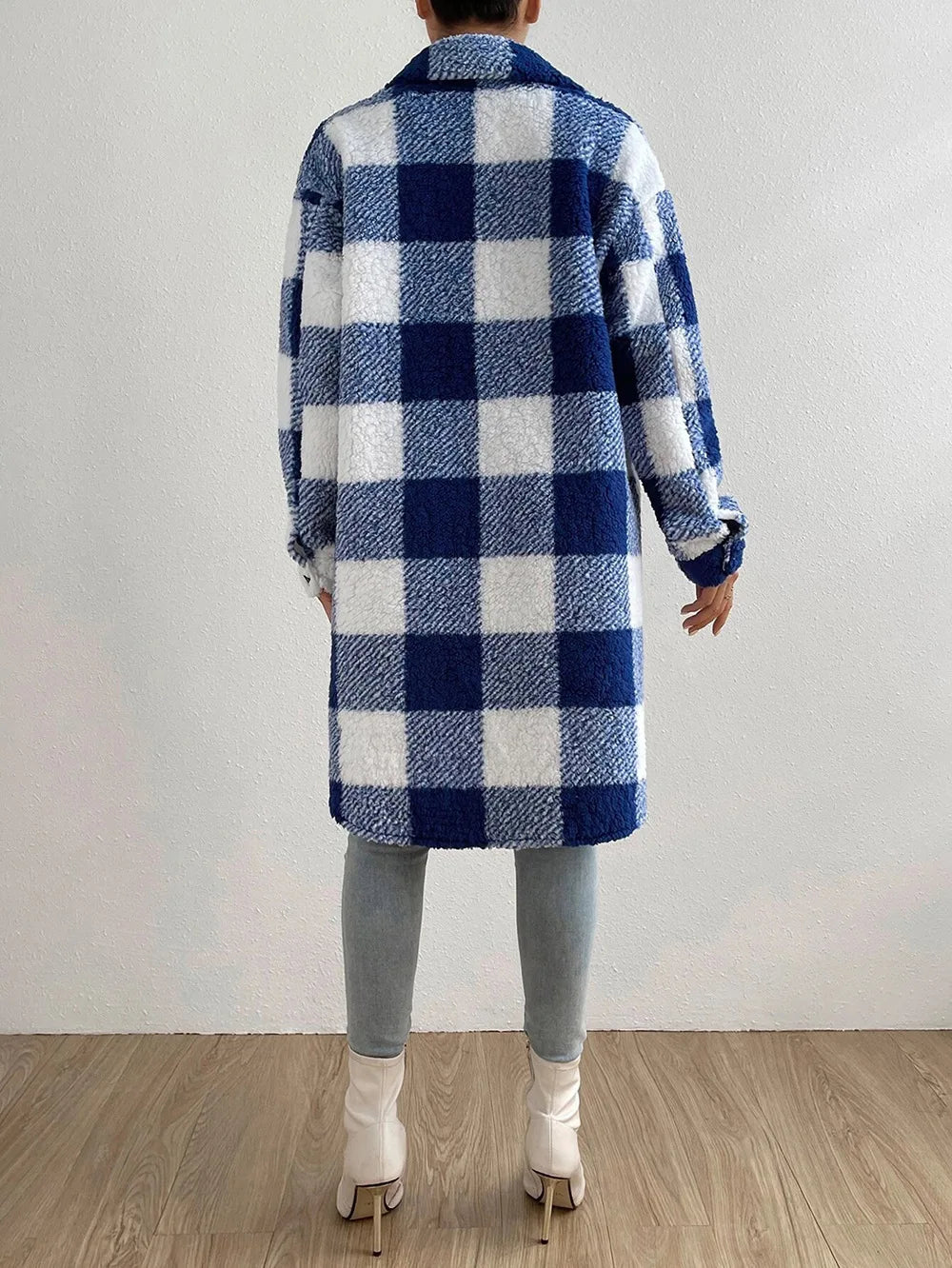Long Plaid Fleece Coat with Pockets – Autumn & Winter