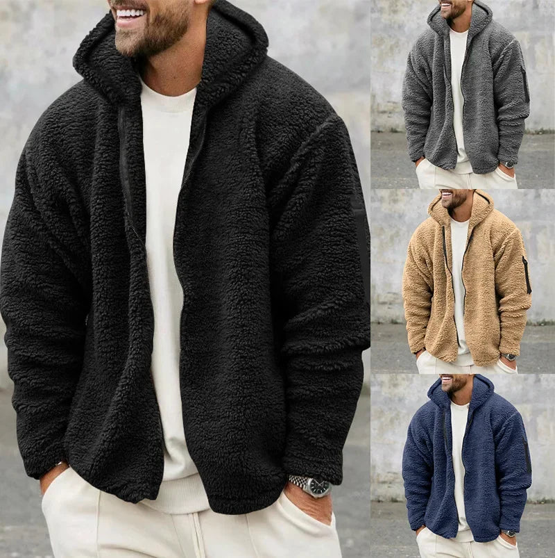 Men’s Fleece Jacket – Hooded, warm, loose fit, casual winter style.