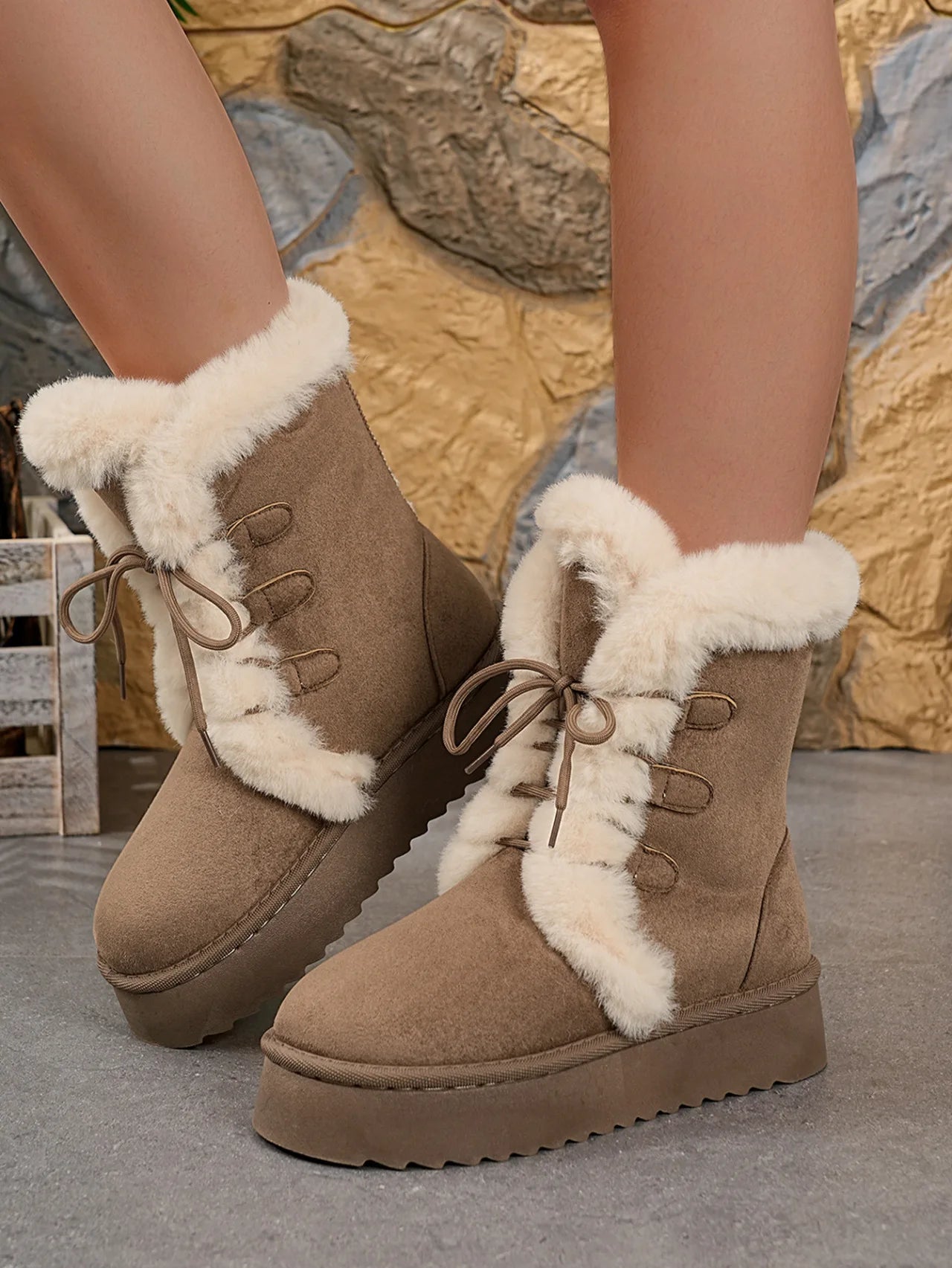 Women’s Winter Snow Boots – Thick sole, fleece-lined, tie-on, mid-calf.