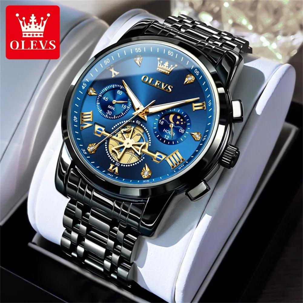 OLEVS 2856 Original Quartz Dress Watch For Men Moon Phase Stainless Steel Business Wristwatch Waterproof Luminous Man Watches