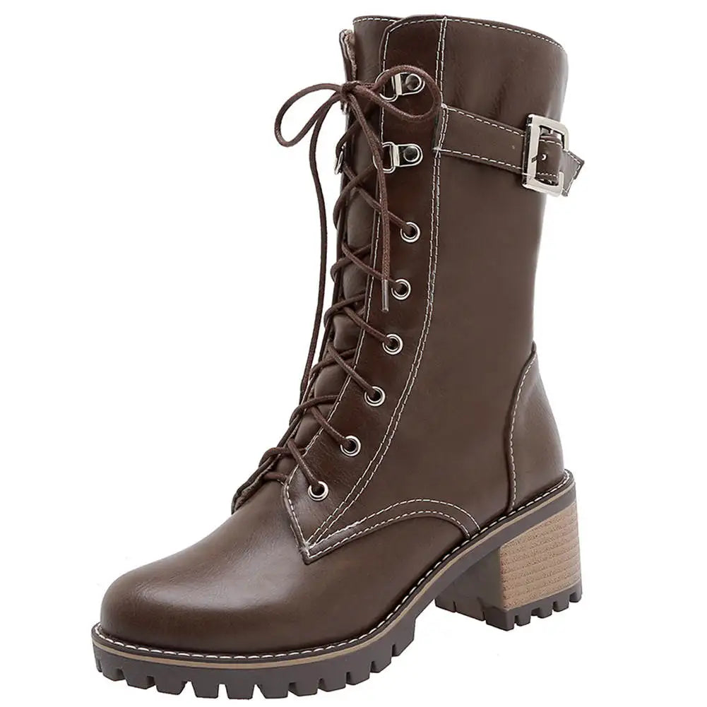 HUAJUANER 2023 Big Size 45 Autumn Winter Shoes High Quality Leather Boots Women Fashion non-slip Shoelaces Motorcycles Boots