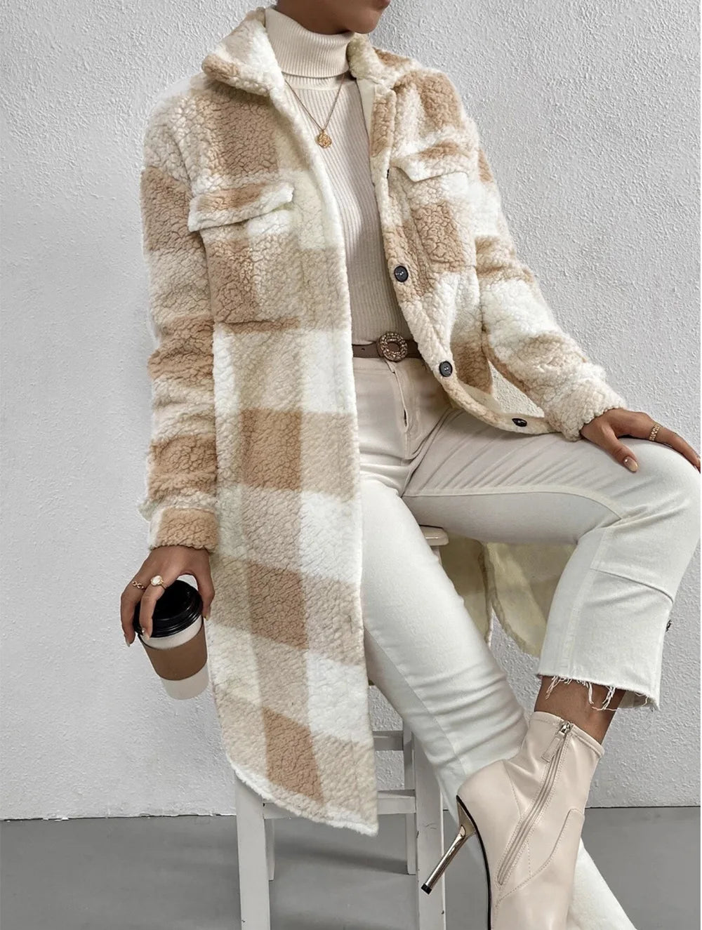 Long Plaid Fleece Coat with Pockets – Autumn & Winter