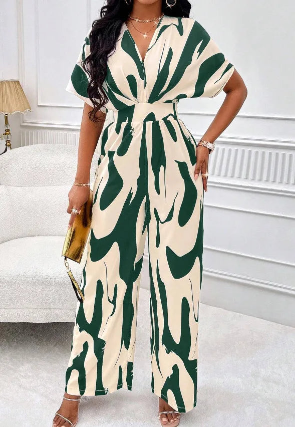 Spring Summer New Printed Short Sleeve For Women's Jumpsuit Fashion Waist Slim Simple Elegant Female Office Jumpsuit Pants