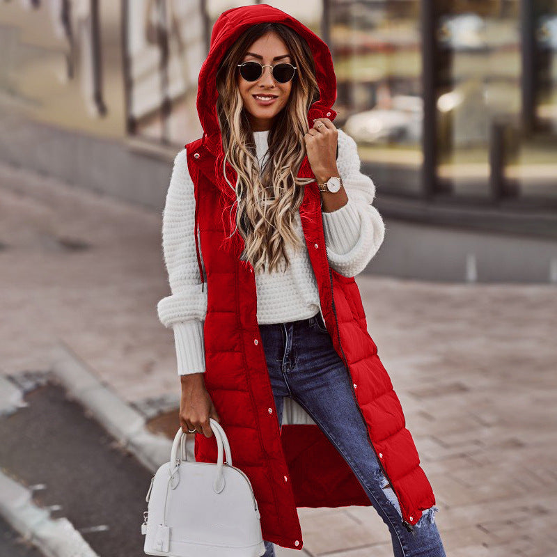 Sleeveless Winter Jacket Women Midi Coats Down Vest Keep Warm Elegant Black Hooded Street Hipster Lady Cotton Overcoat