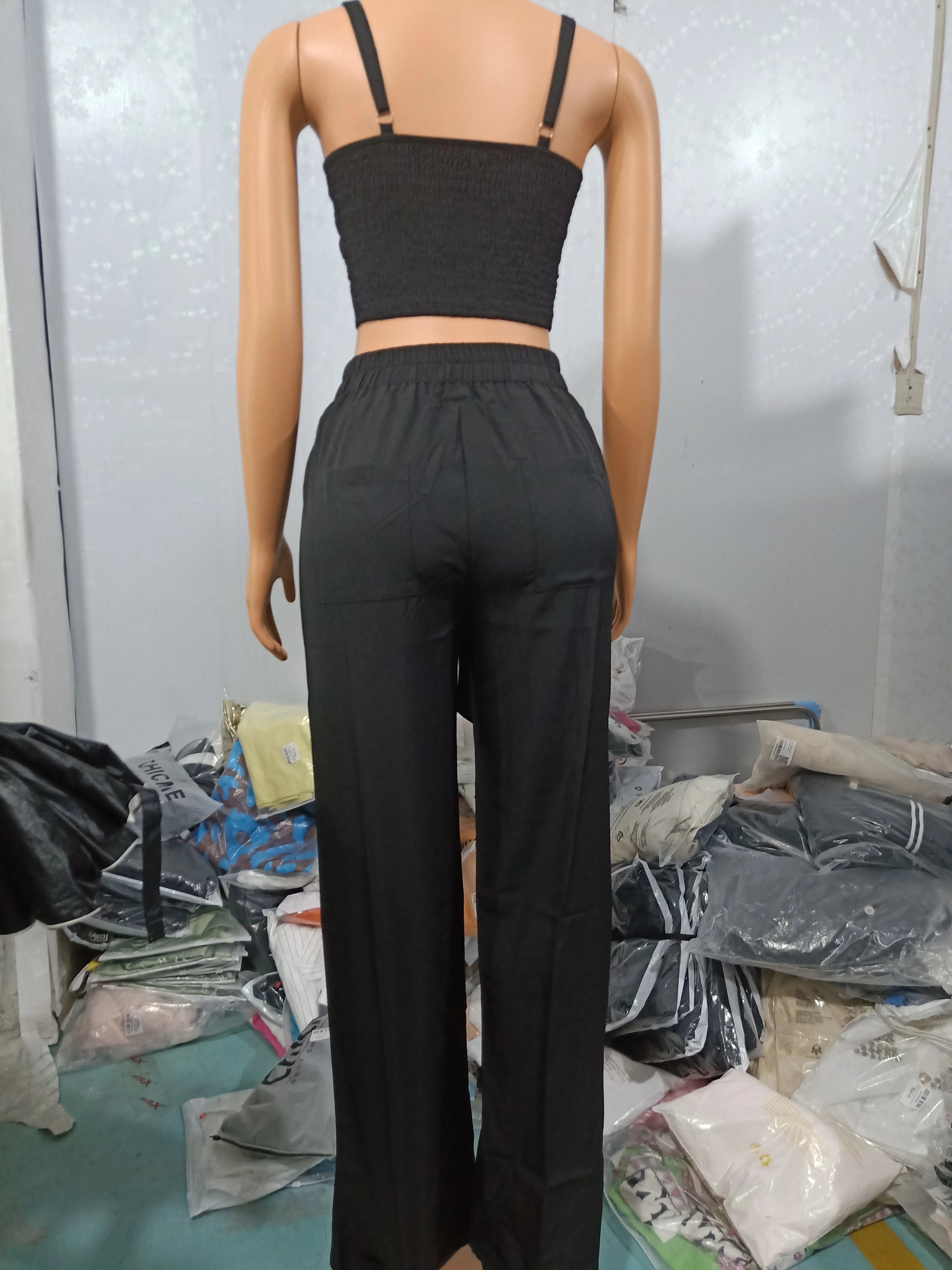Tow Piceses Outfits for Women 2023 V-Neck Sleeveless Shirred Crop Top & Pocket Design Elegant Work Lady Wide Leg Pants Set