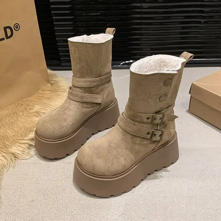 Women’s Winter Boots – Thick sole, ultra high heel, fleece-lined, mid-calf, round toe.