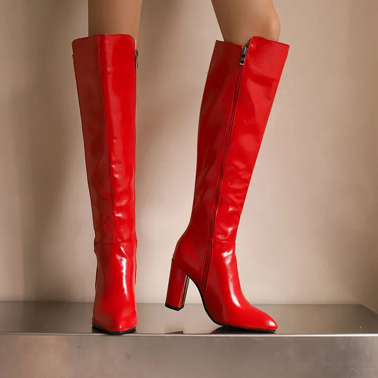 Sexy Women Knee High Boots Pointy Toe Chunky Heels 9CM Boot Large Size 44 45 46 With Zipper Winter Outdoors Leather Female Shoes