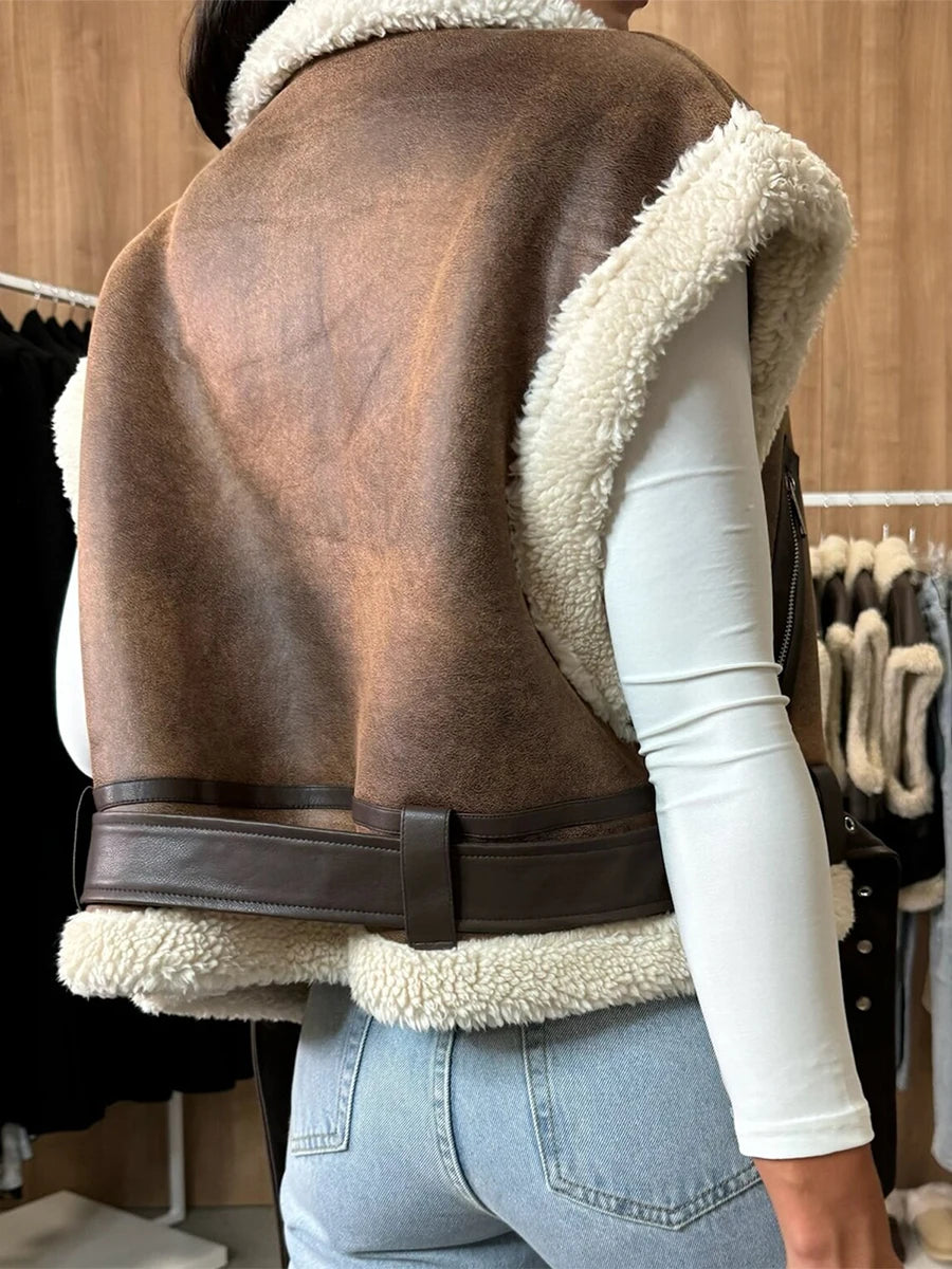 Women Leather Sherpa Vest Fur Collar Sleeveless Zipper Faux Suede Shearling Vest 2024 Biker Moto Jacket Winter Warm Outerwear