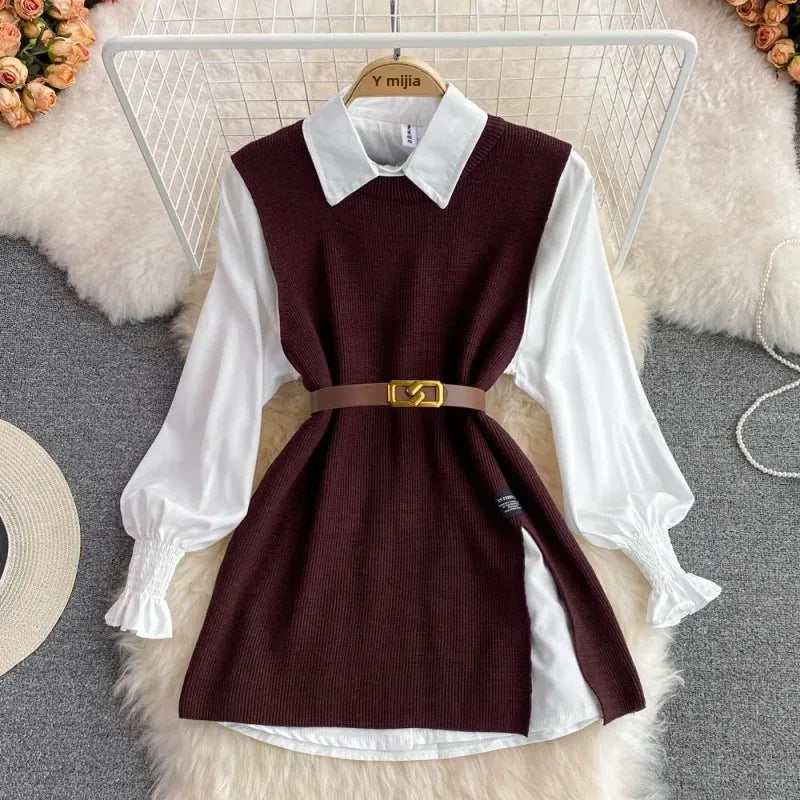 2024 Autumn Long Sleeve White Shirt Sweater Set Chic Age-Reducing Loose Fit Knit Vest Vest 2-Piece Set For Women