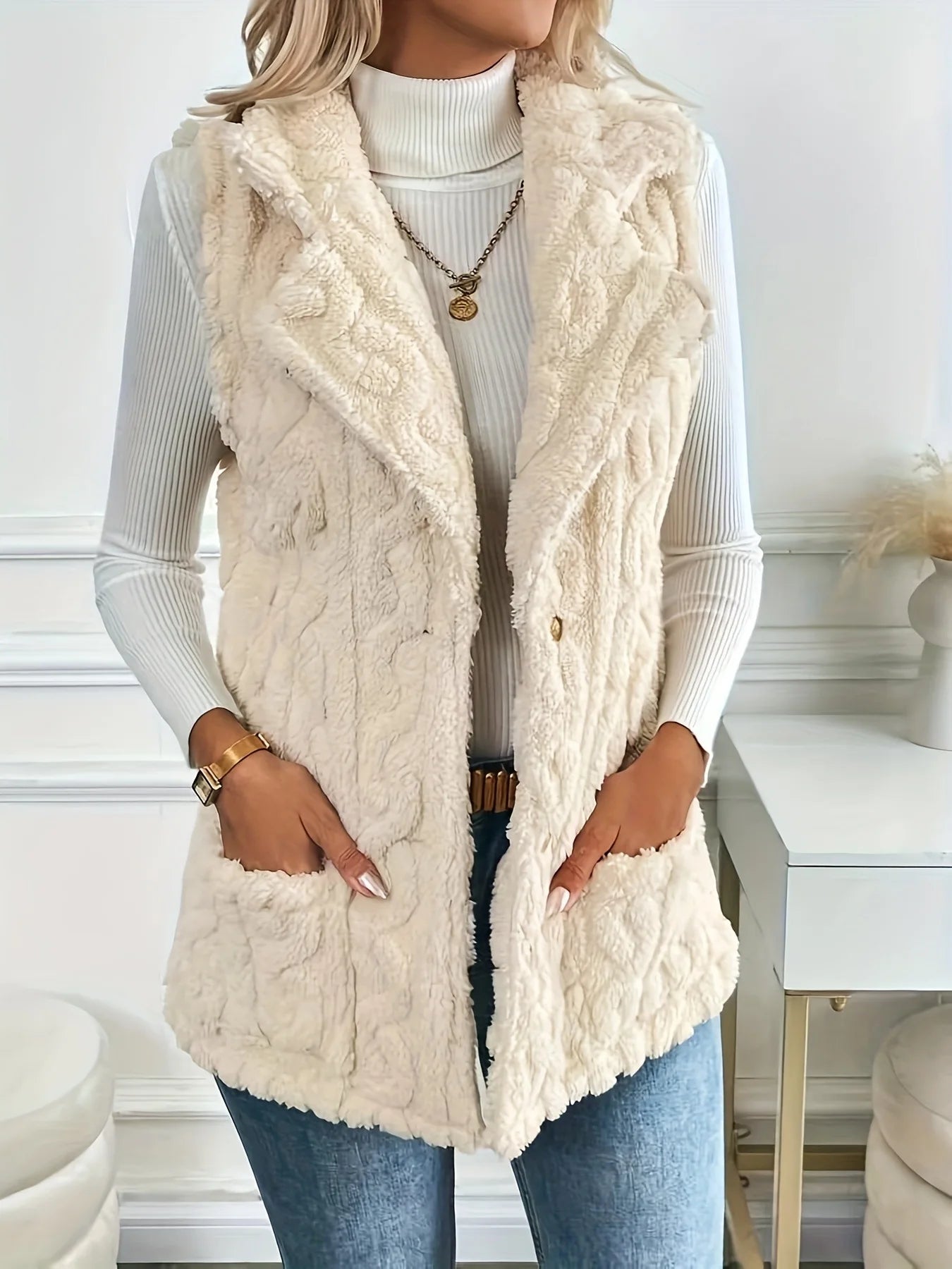 Sleeveless Plush Single-Breasted Vest – Autumn & Winter