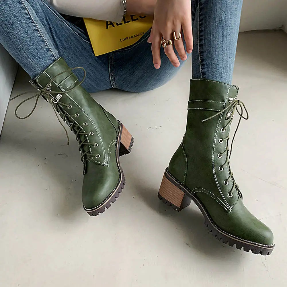 HUAJUANER 2023 Big Size 45 Autumn Winter Shoes High Quality Leather Boots Women Fashion non-slip Shoelaces Motorcycles Boots