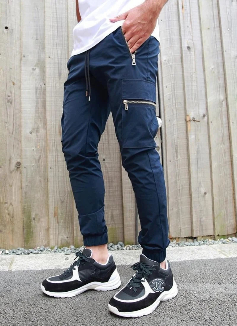 Men's casual overalls spring and autumn new drawstring fashion personality zipper pocket small foot pencil pants long pants