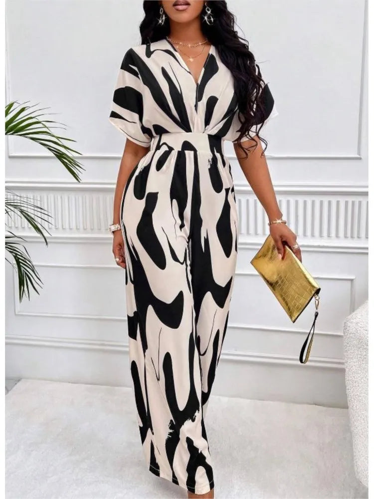Spring Summer New Printed Short Sleeve For Women's Jumpsuit Fashion Waist Slim Simple Elegant Female Office Jumpsuit Pants