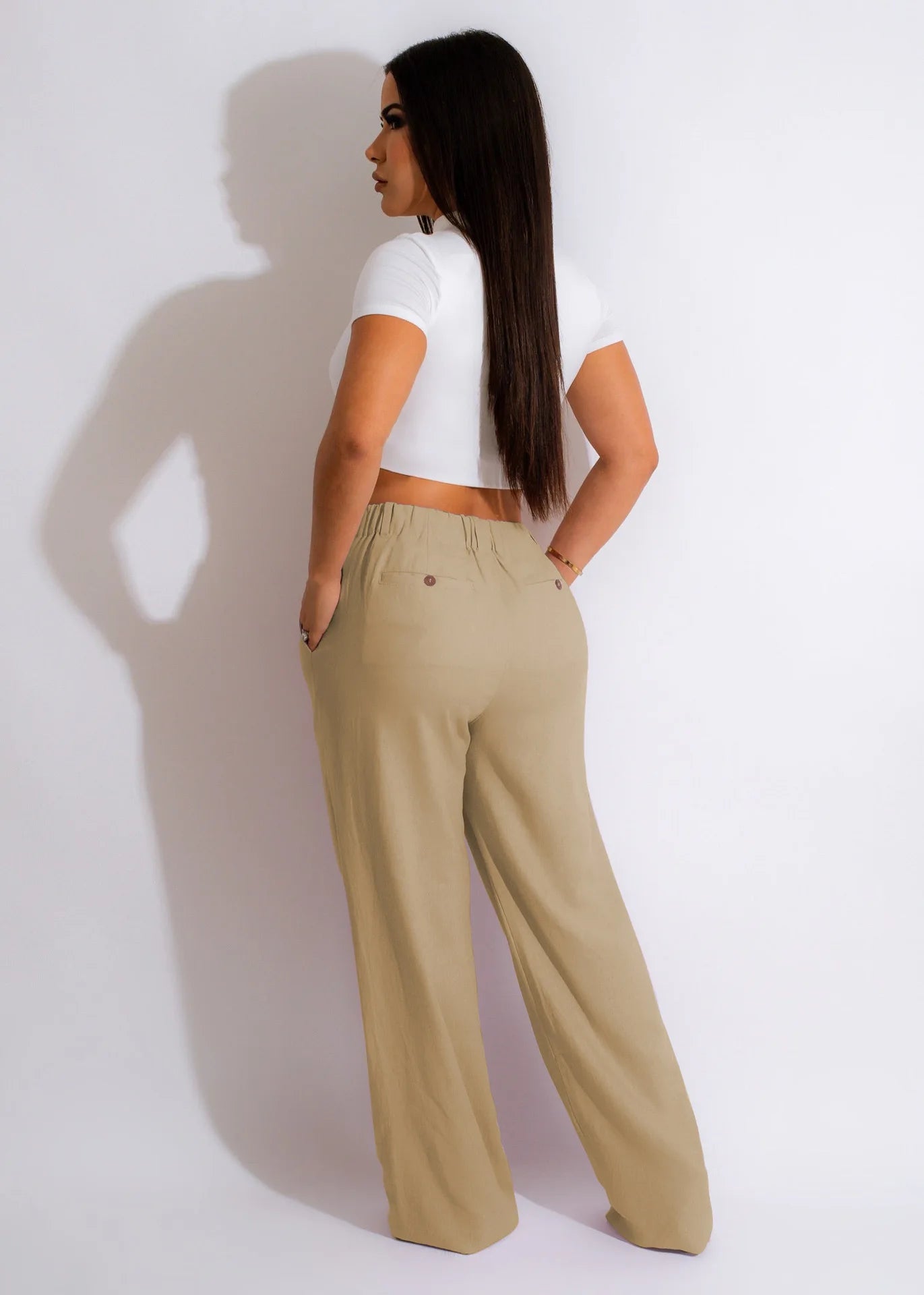 Women Fashion Cotton Linen Pants Straight Wide Leg Zipper Fly Draped High Waist Tailored Trousers Summer OL Work Office Pants