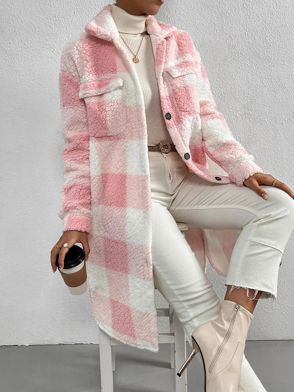 Long Plaid Fleece Coat with Pockets – Autumn & Winter