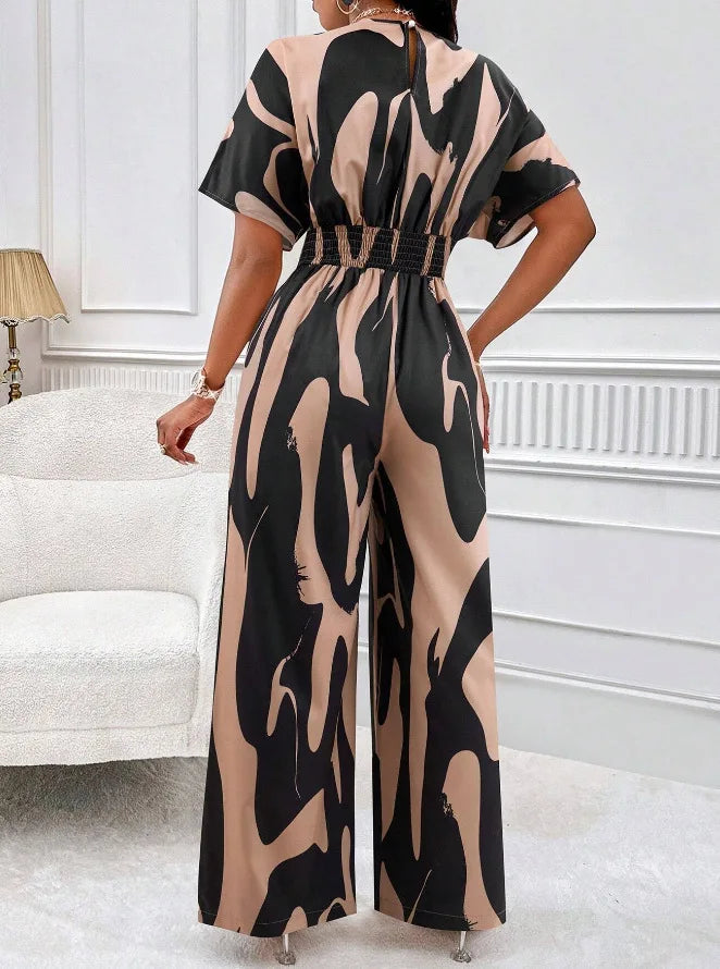 Spring Summer New Printed Short Sleeve For Women's Jumpsuit Fashion Waist Slim Simple Elegant Female Office Jumpsuit Pants