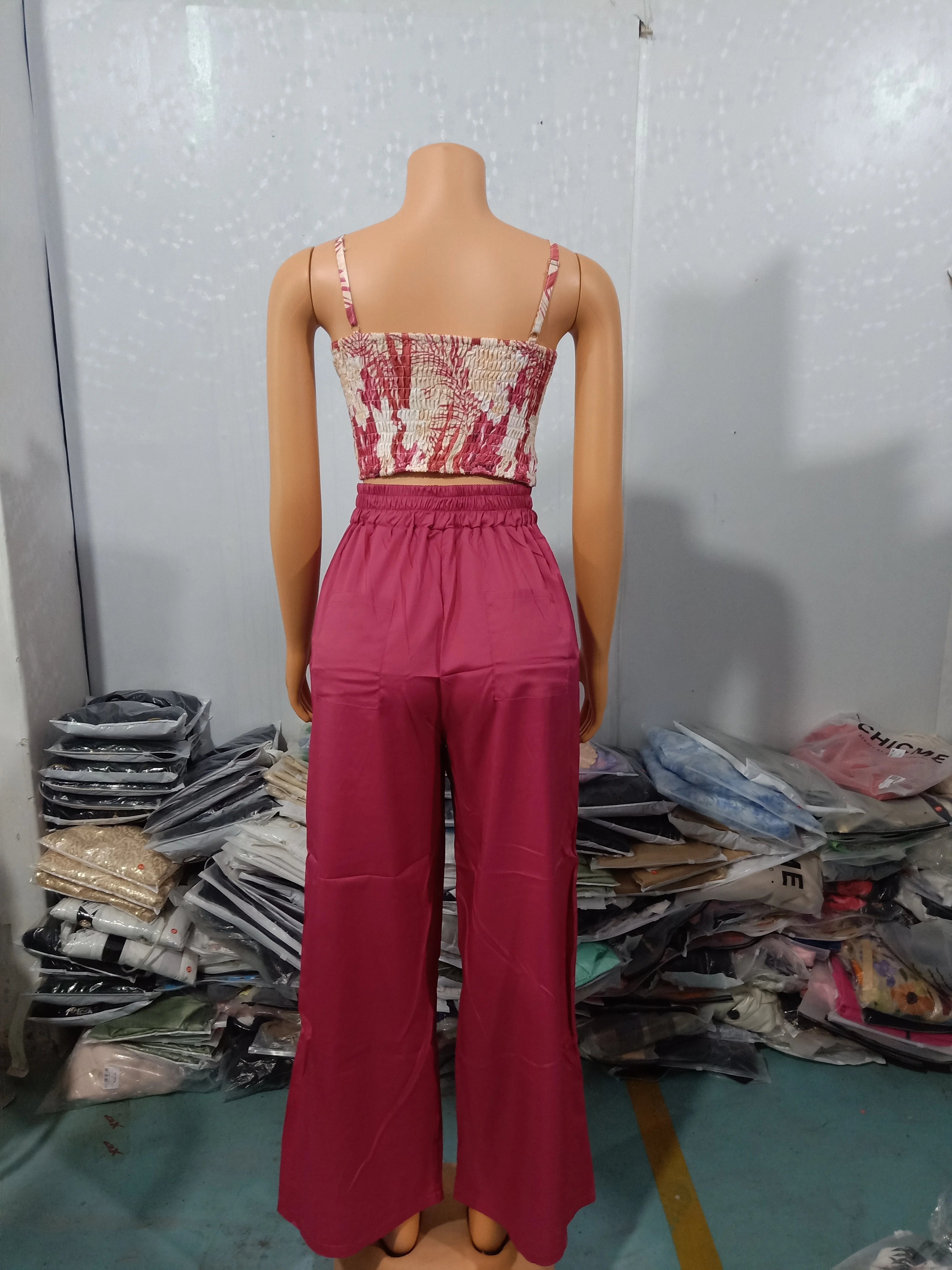 Tow Piceses Outfits for Women 2023 V-Neck Sleeveless Shirred Crop Top & Pocket Design Elegant Work Lady Wide Leg Pants Set