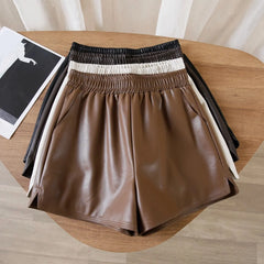 Casual Women High-waist Slimming Pu Leather Black A- pants Loose Plus-size Shorts Outdoor Wear Trousers Korean Style