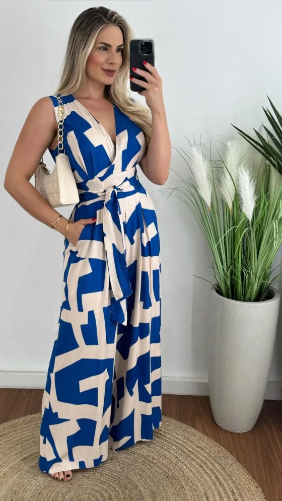 Women's fashionable and minimalist style women's deep V-waist tied jumpsuit -88209 sleeveless mid waist straight leg pants 2024