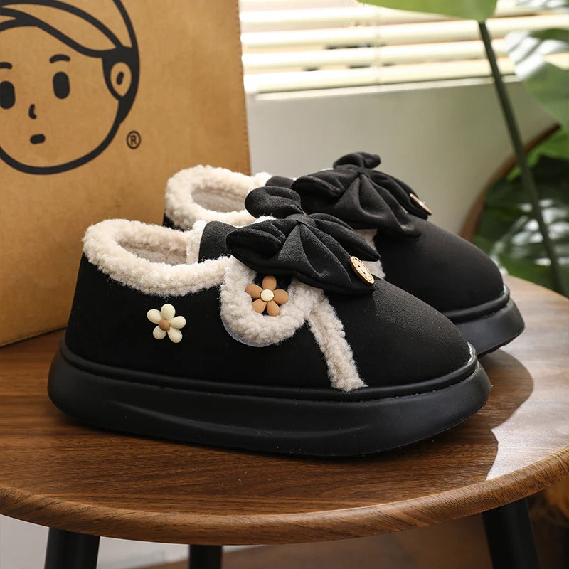 Women Fashion Bow Flower Snow Boots Ladies Elegant Winter Cotton Shoes Casual Outdoor Non-slip Thick Sole Slipper Footwear