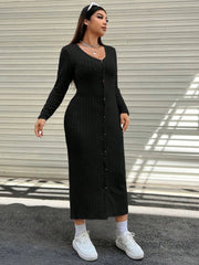 Plus Size Knitted Women Dresses Front Button Long Sleeves Autumn Fall Spring Long Robe Casual Solid Female Sweater Clothing